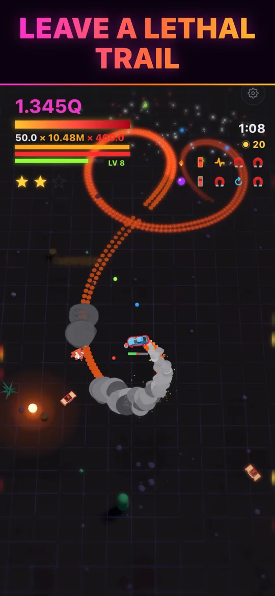 An orange skid trail looping around police cars in a neon city