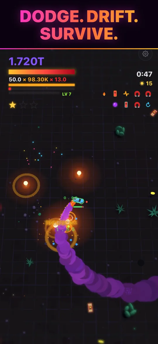 A car drifting through a dark arena, leaving a purple trail