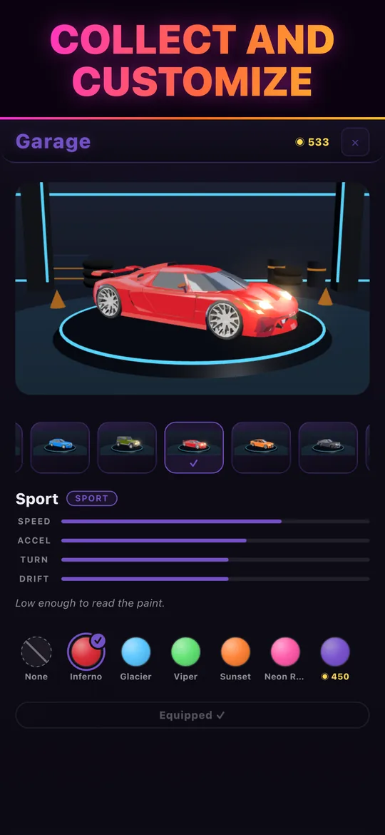 The garage, where you choose and paint your car