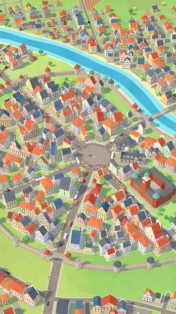 A town of red roofs along a river